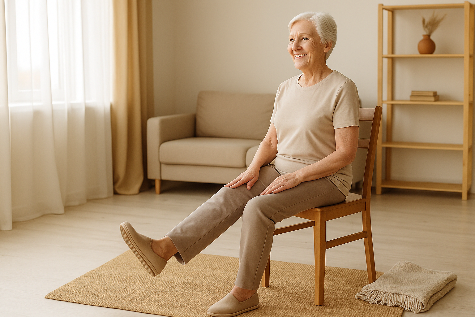 Пожилая женщина выполняет упражнения на стуле дома