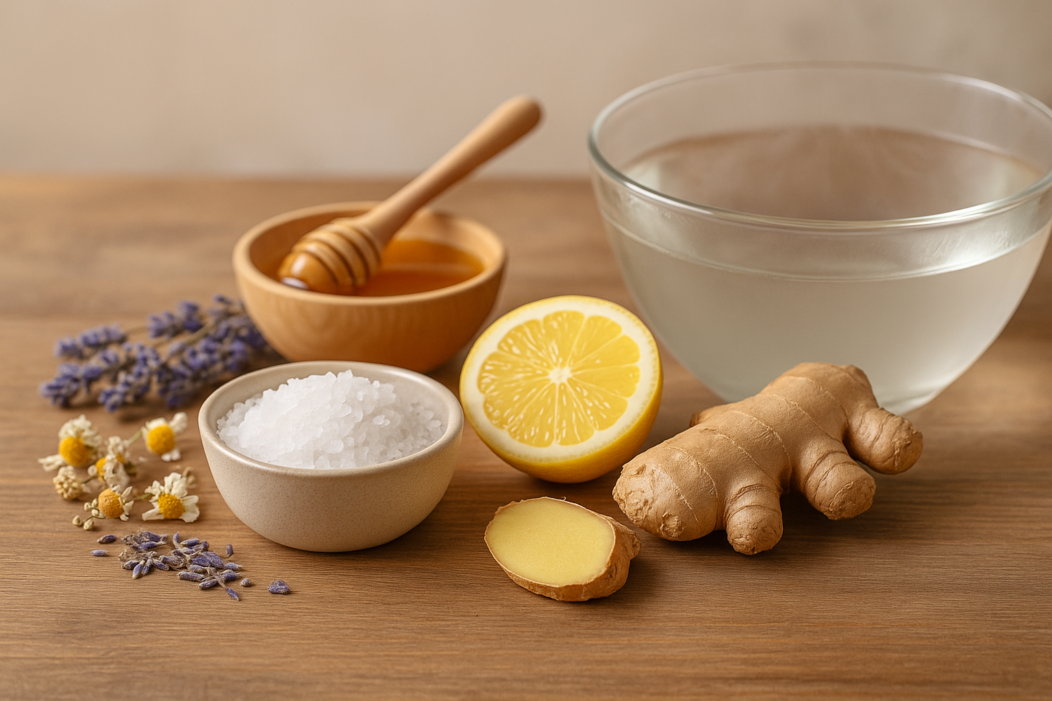 Домашние средства: травы, имбирь, мёд и тёплая соль на столе