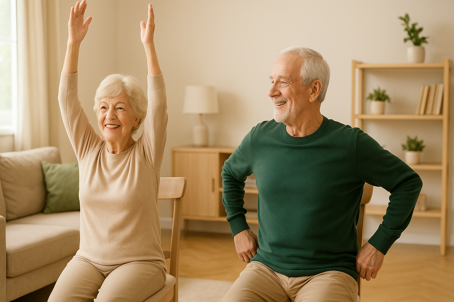 Пожилая пара делает лёгкую гимнастику дома, светлая комната, дружелюбная атмосфера