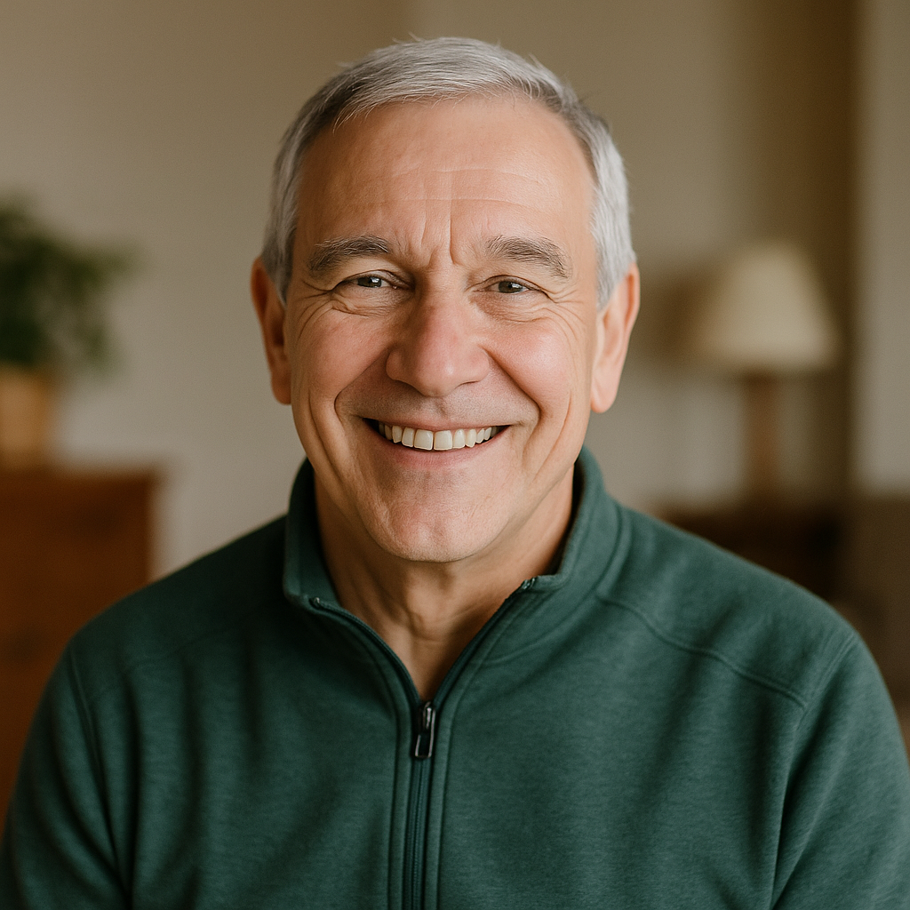 Пожилой мужчина в спортивной кофте, дома