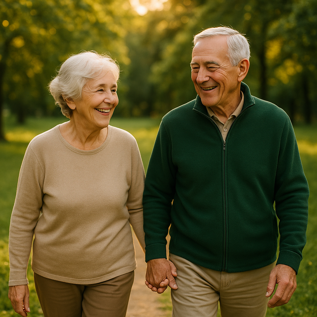 Пожилая пара гуляет в парке